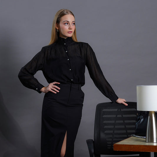 Laura Sheer Organza Ruffle-Neck Blouse