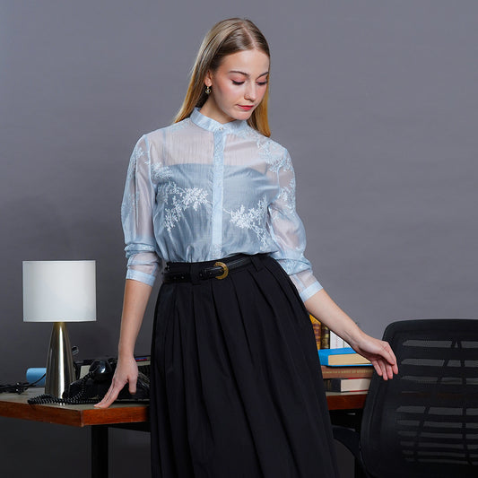 Leah Elara Sheer Floral Embroidered Blouse