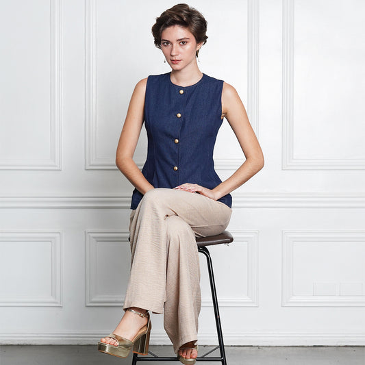 Denim Tailored Sleeveless Button-Front Blouse