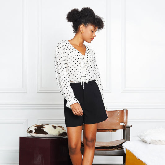 Jessica Polka Dot Ruffle Tie-Front Blouse