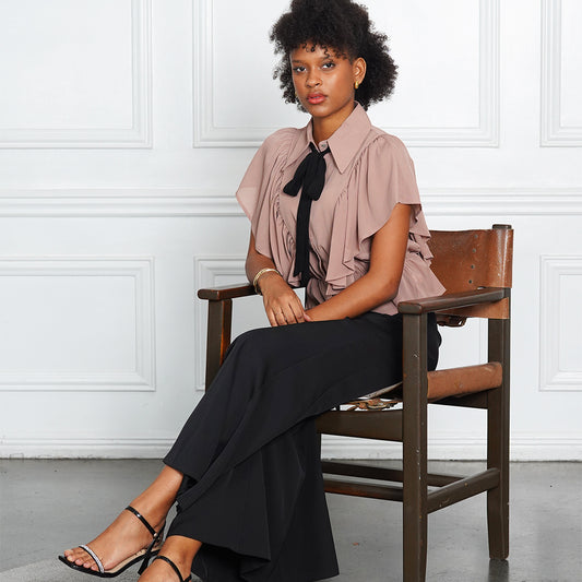 Gwen Mauve Ruffle Blouse with Black Pussy-Bow Tie