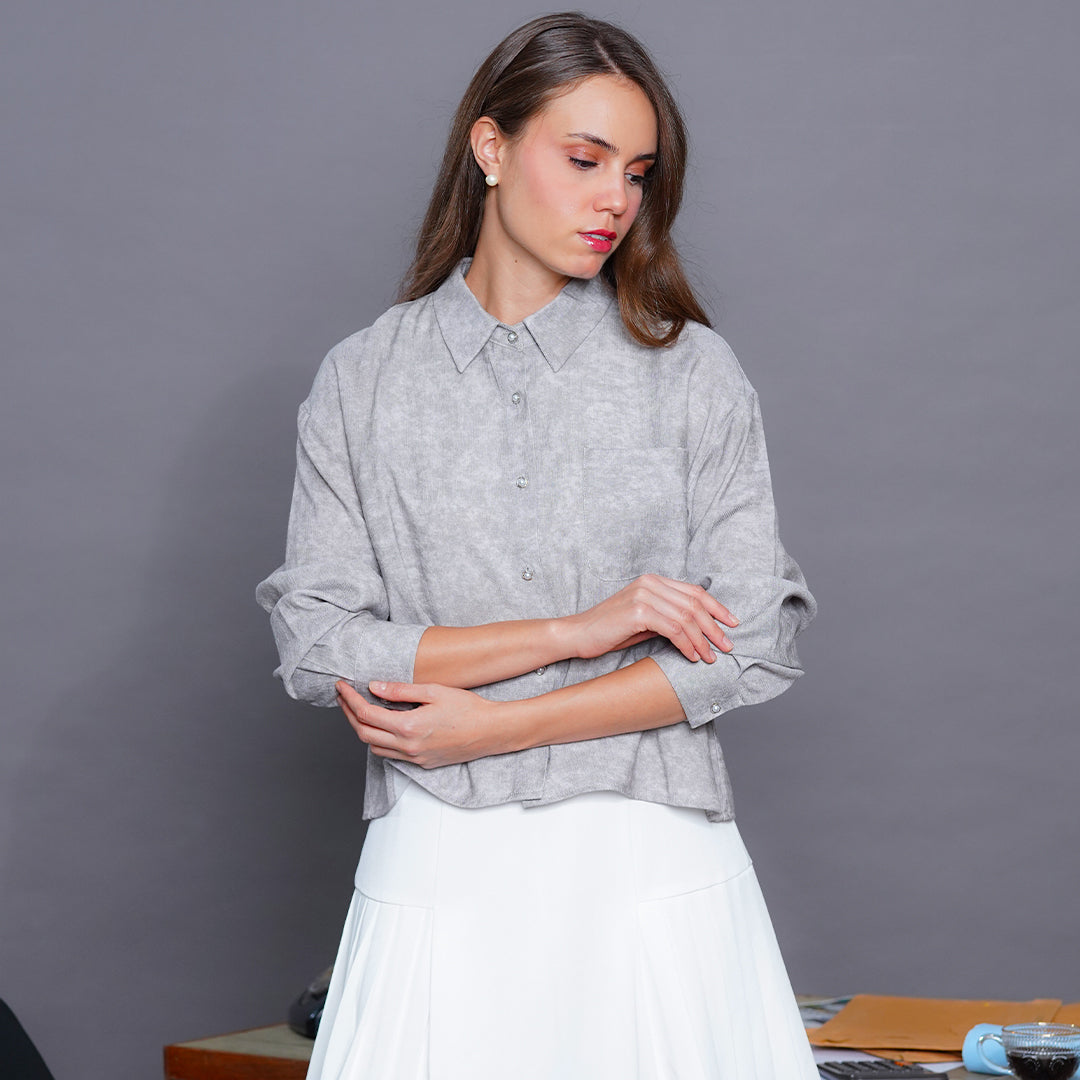 Leona Boxy Cropped Blouse in Ash