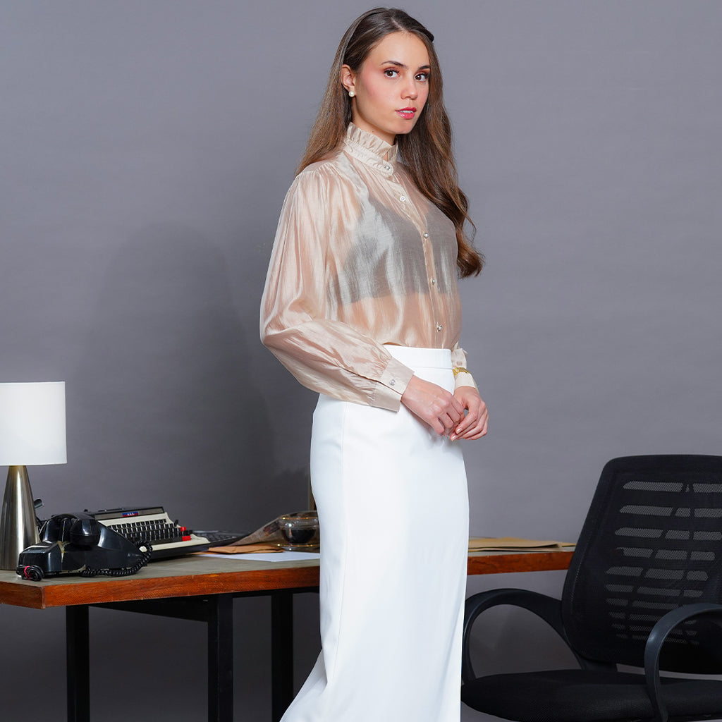 Laura Sheer Organza Ruffle-Neck Blouse