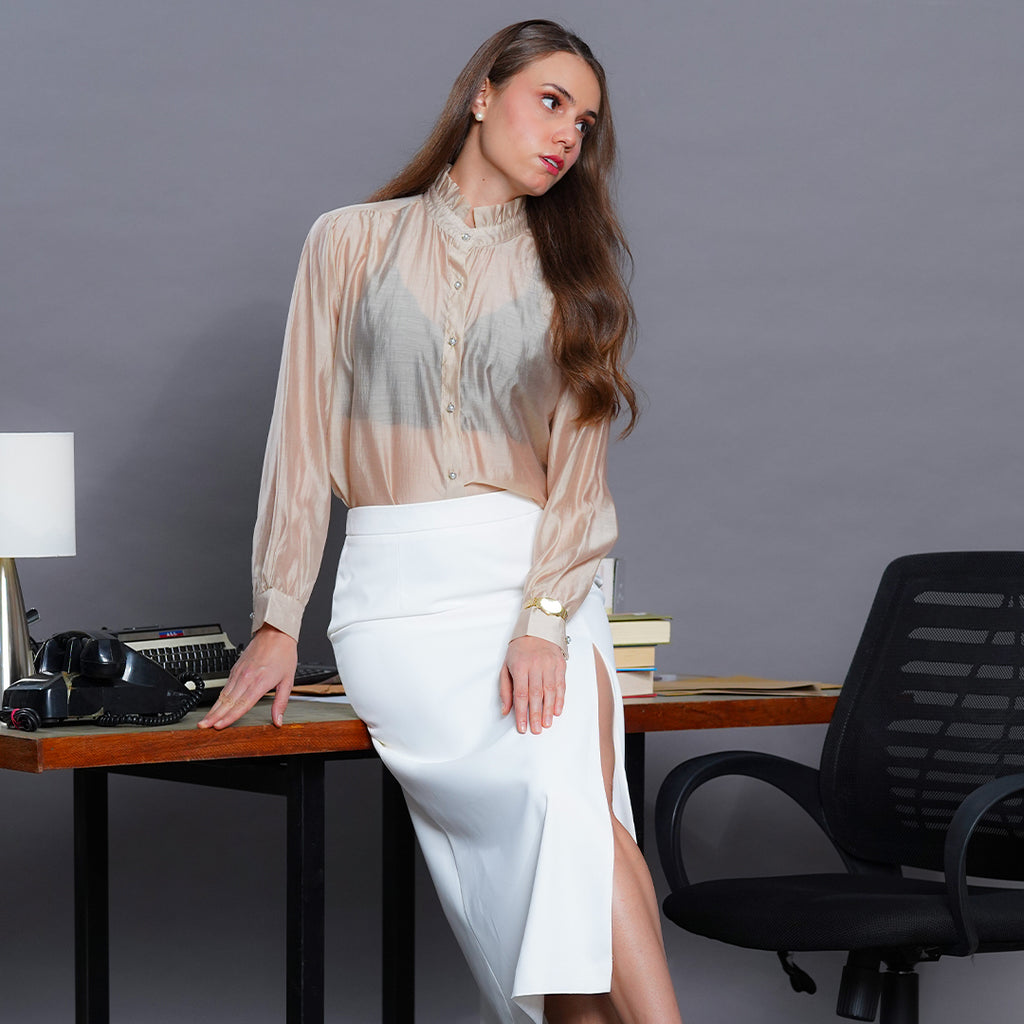 Laura Sheer Organza Ruffle-Neck Blouse