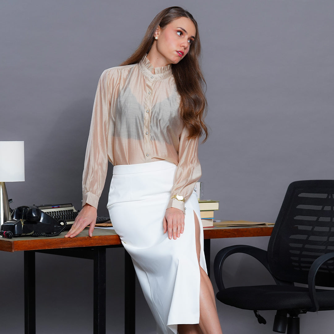 Laura Sheer Organza Ruffle-Neck Blouse