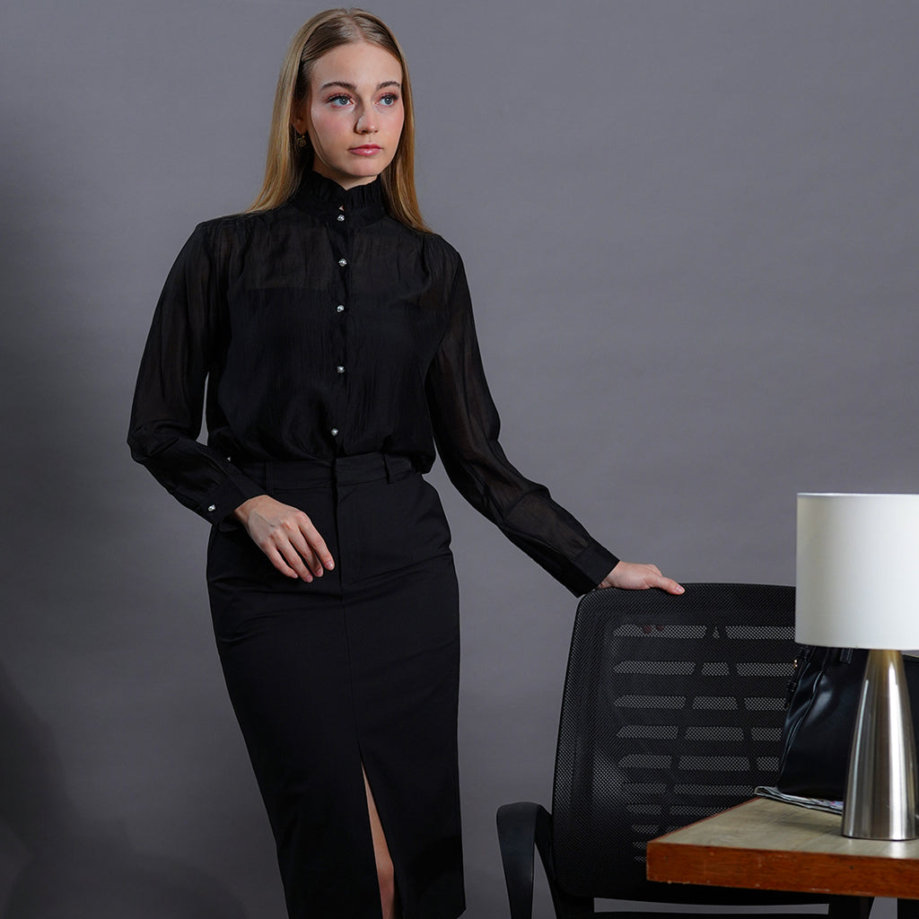 Laura Sheer Organza Ruffle-Neck Blouse