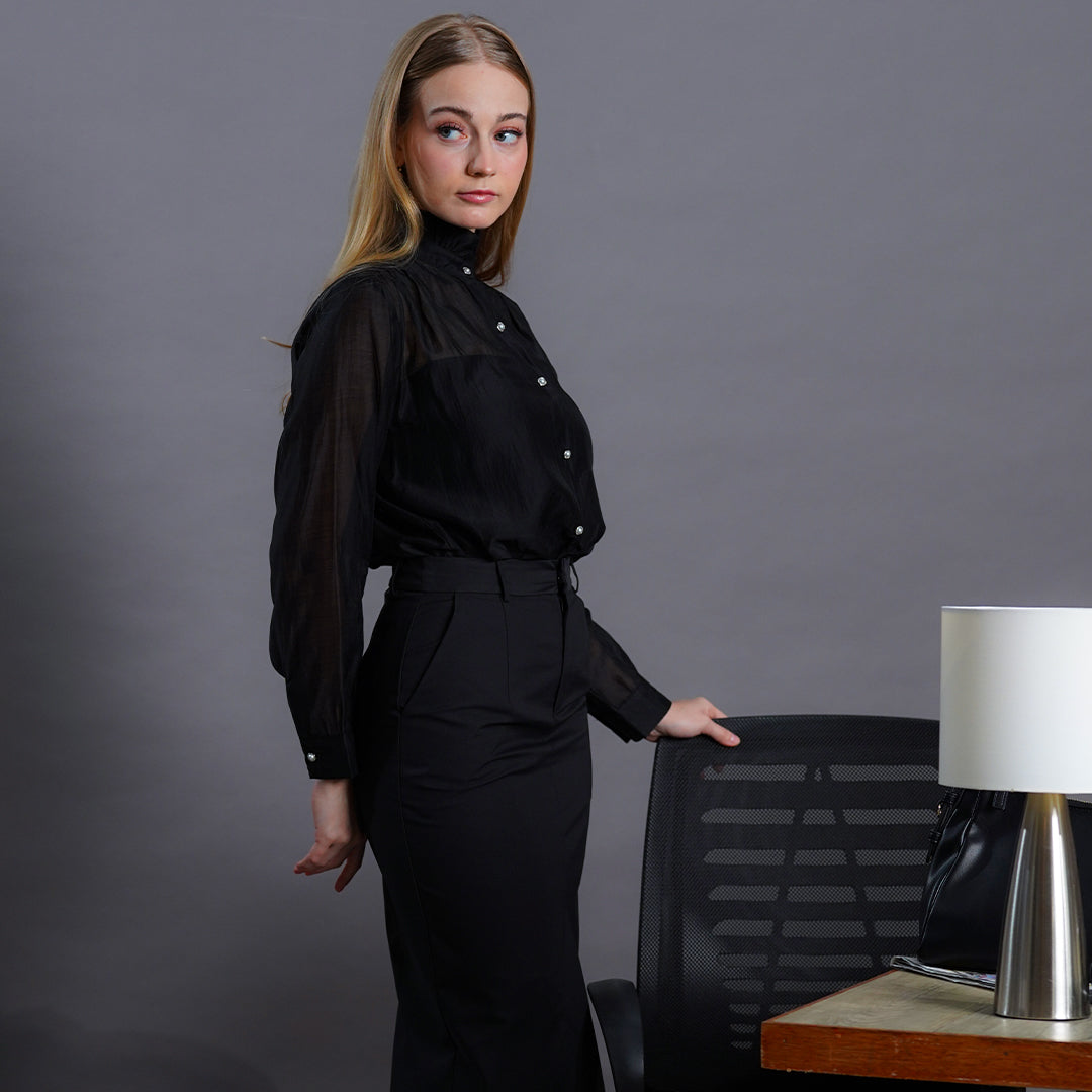 Laura Sheer Organza Ruffle-Neck Blouse