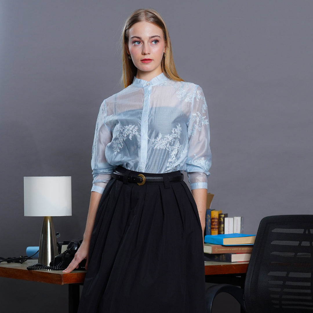 Leah Elara Sheer Floral Embroidered Blouse