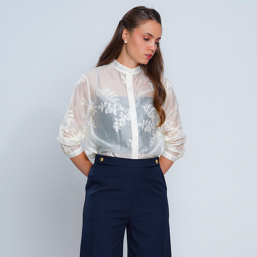 Leah Elara Sheer Floral Embroidered Blouse