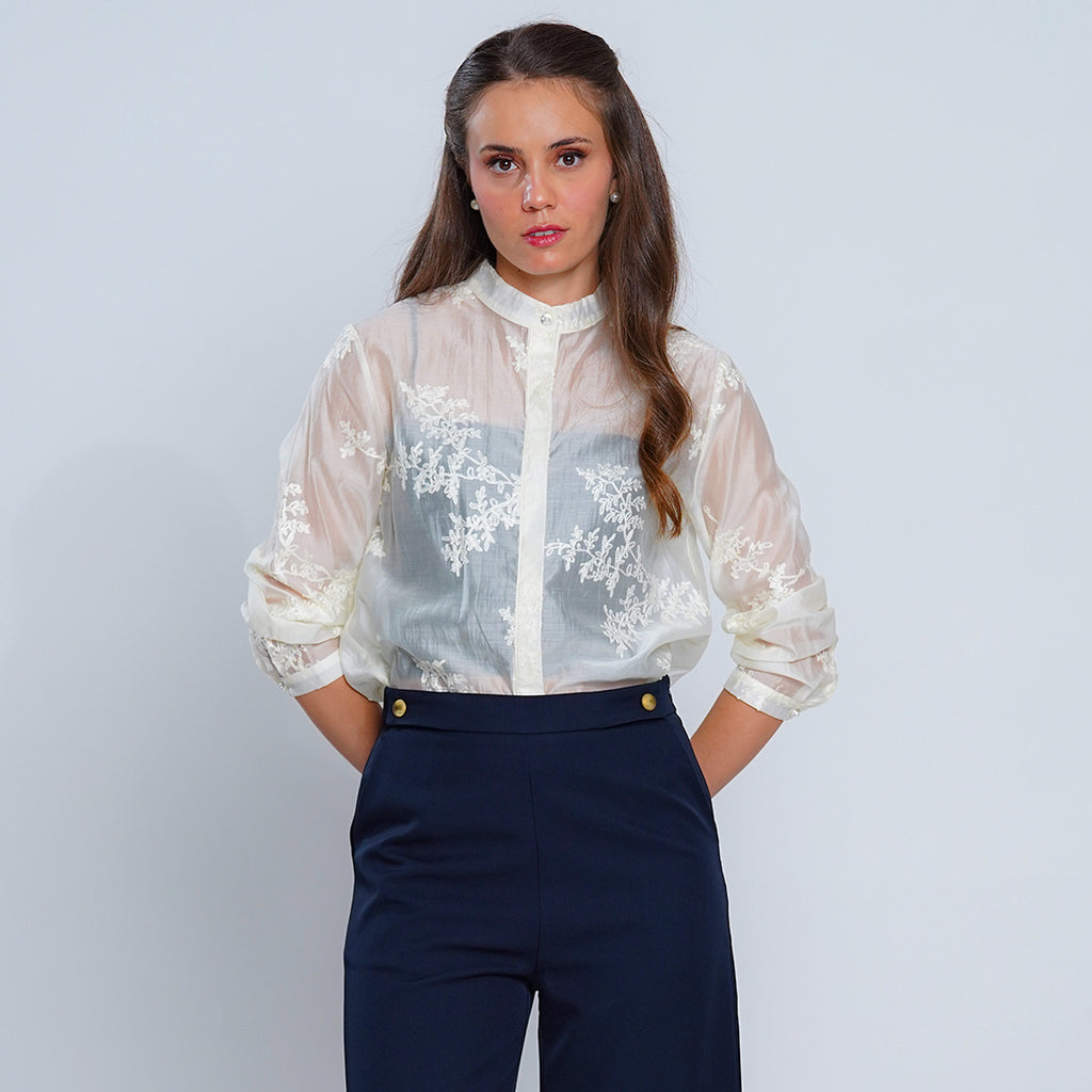 Leah Elara Sheer Floral Embroidered Blouse