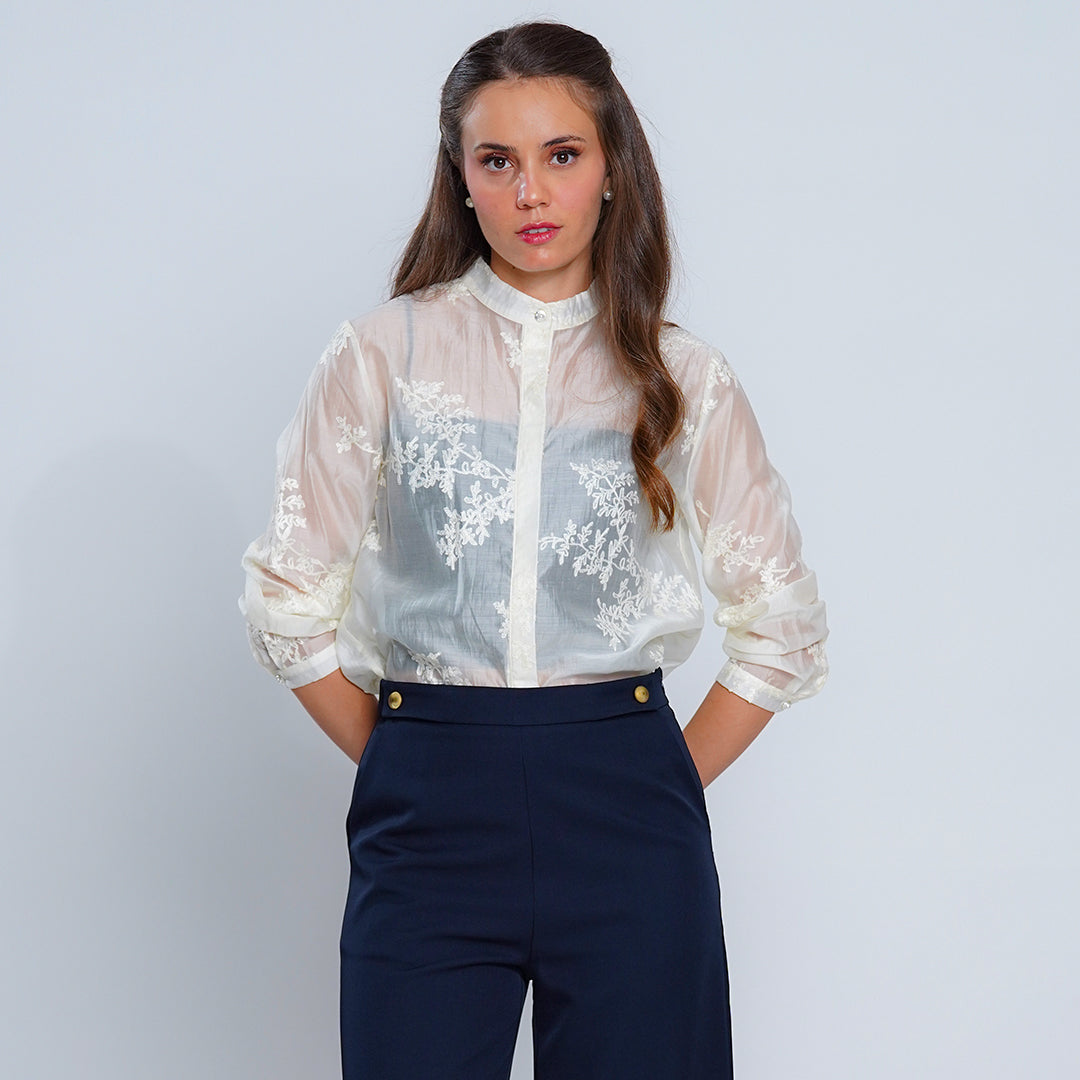 Leah Elara Sheer Floral Embroidered Blouse
