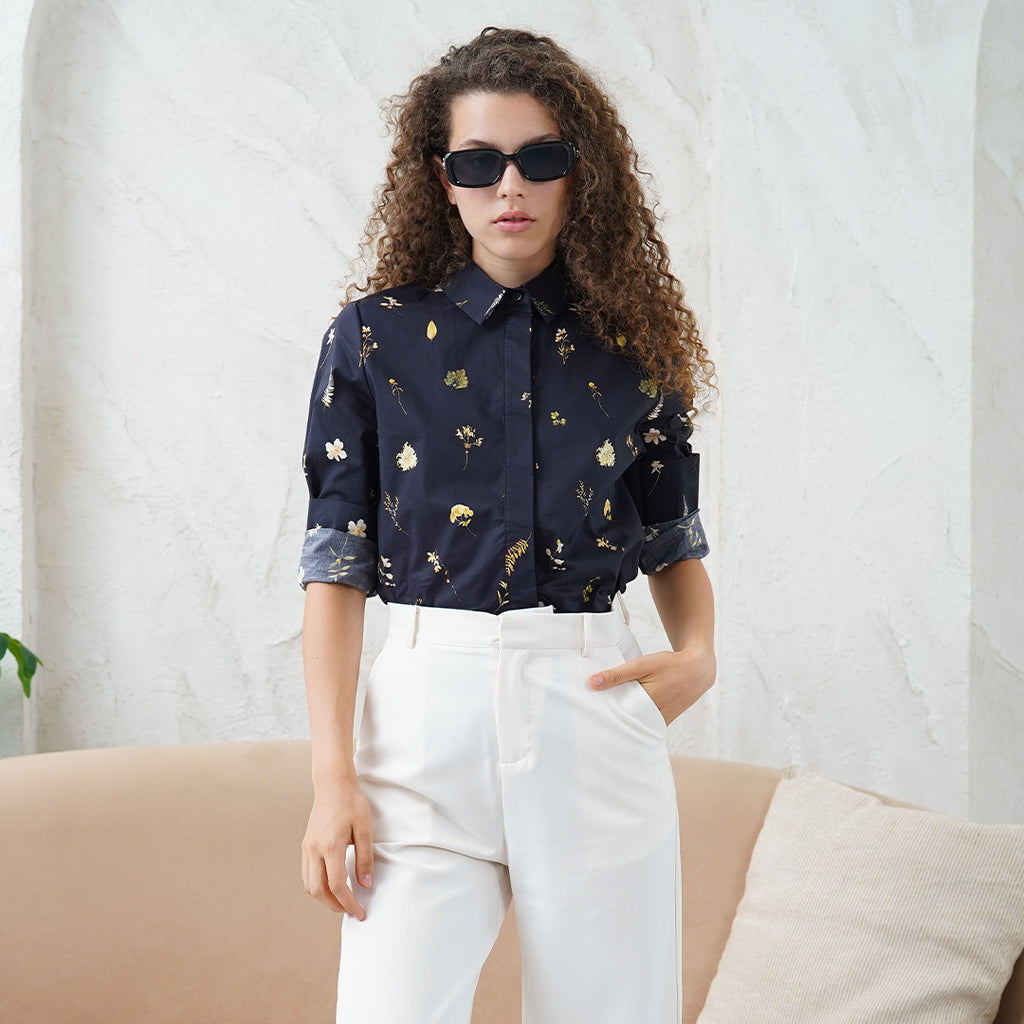 Fleur Botanical Boxy Cut Blouse with collar