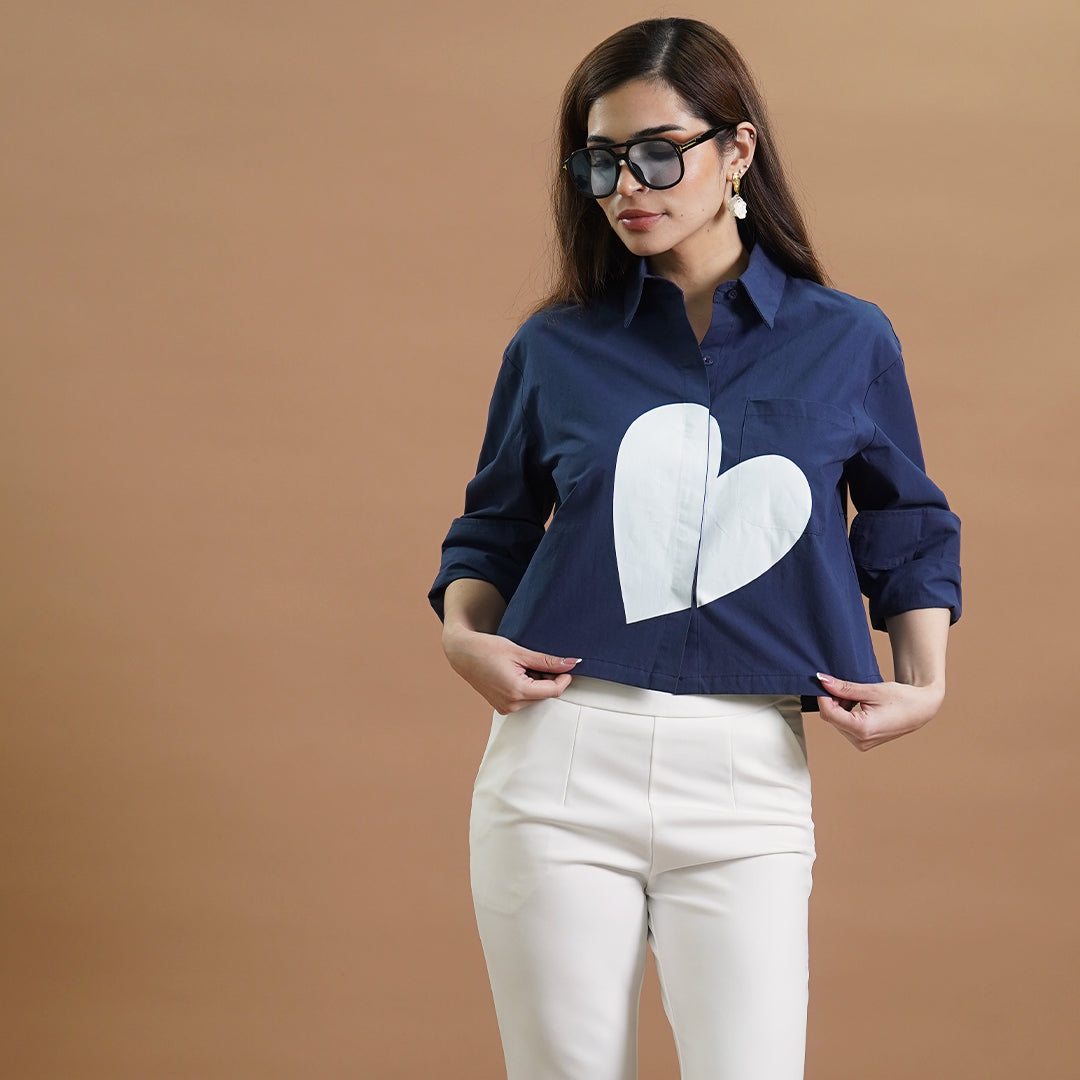 Ivory Heart Cropped Button-Down Top