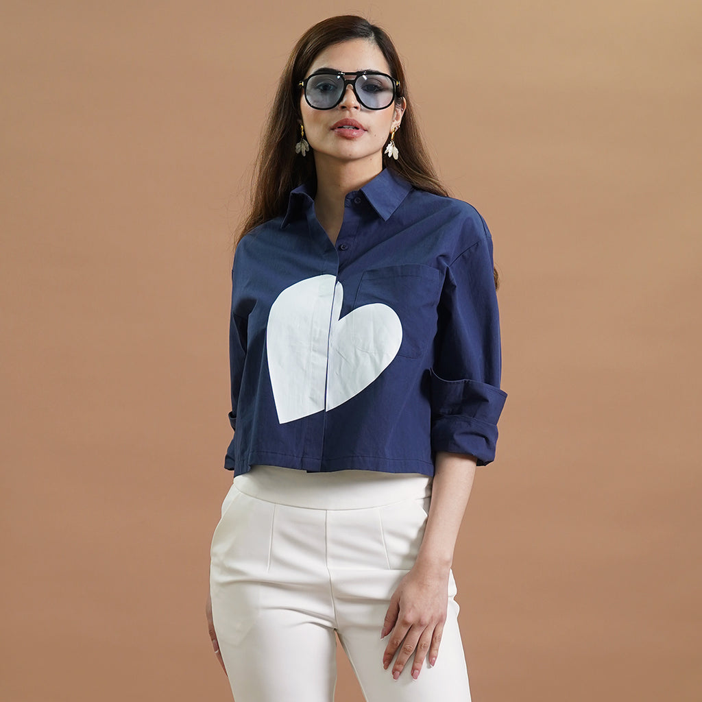 Ivory Heart Cropped Button-Down Top