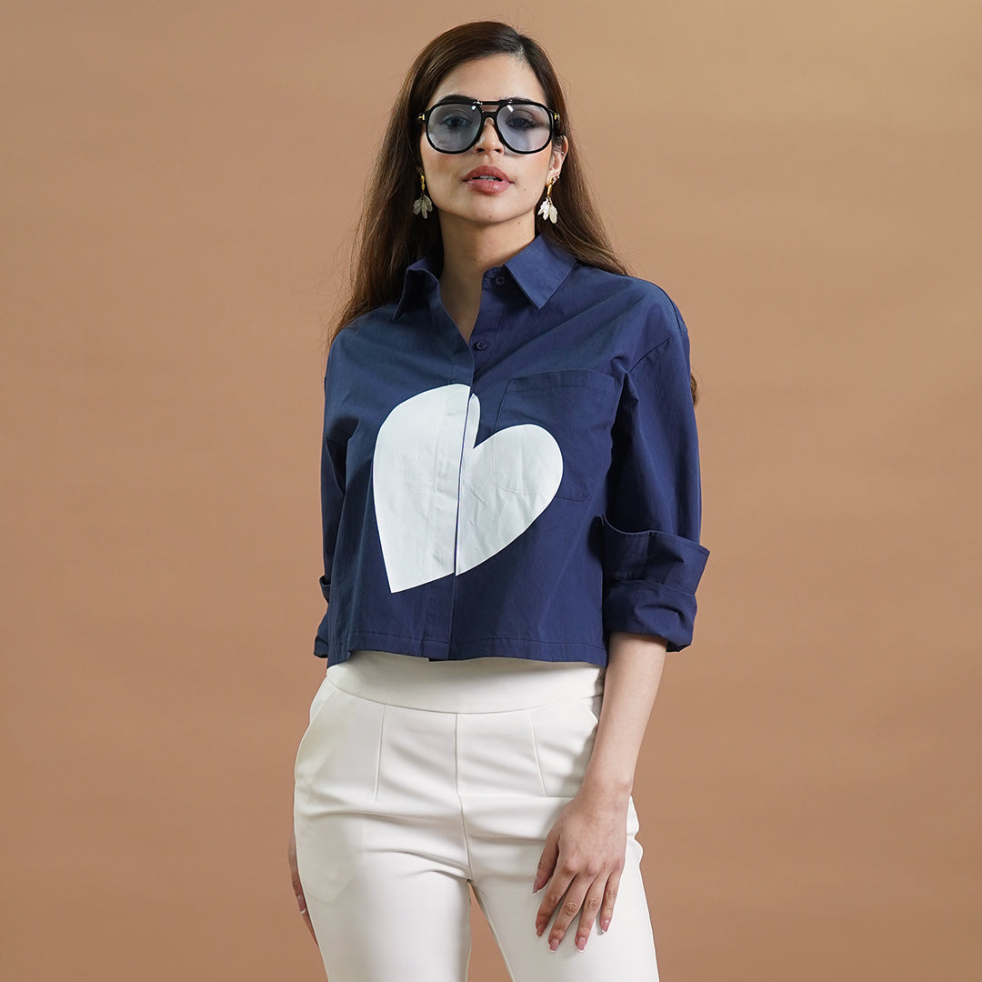 Ivory Heart Cropped Button-Down Top