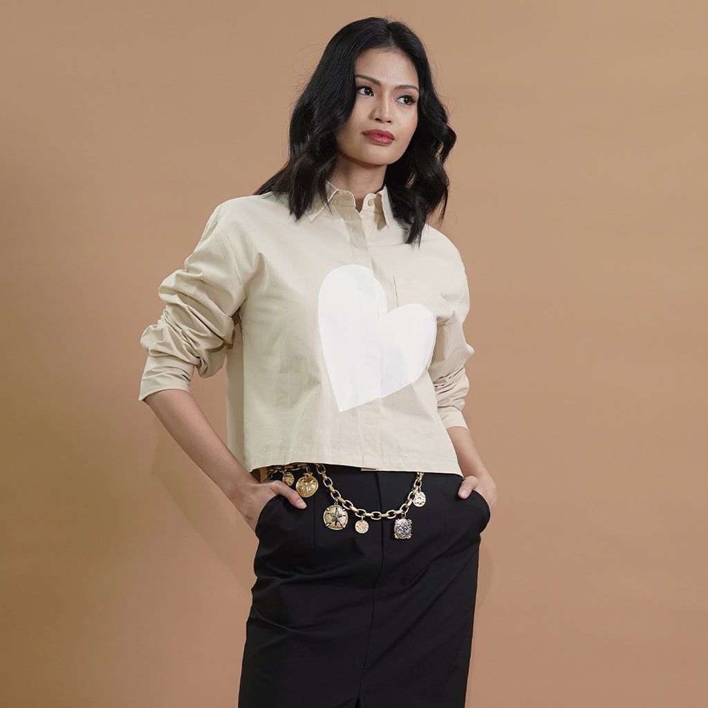 Ivory Heart Cropped Button-Down Top