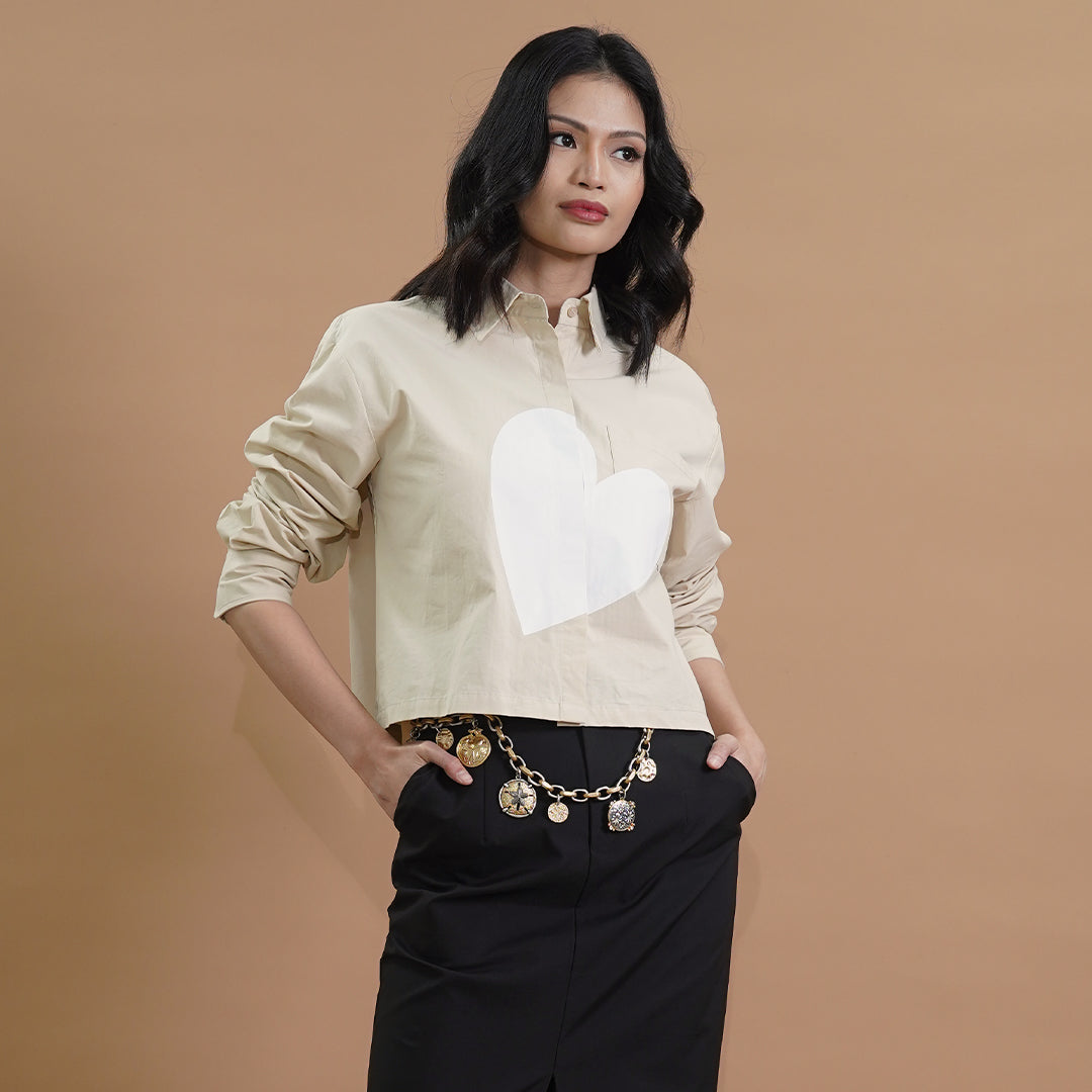 Ivory Heart Cropped Button-Down Top