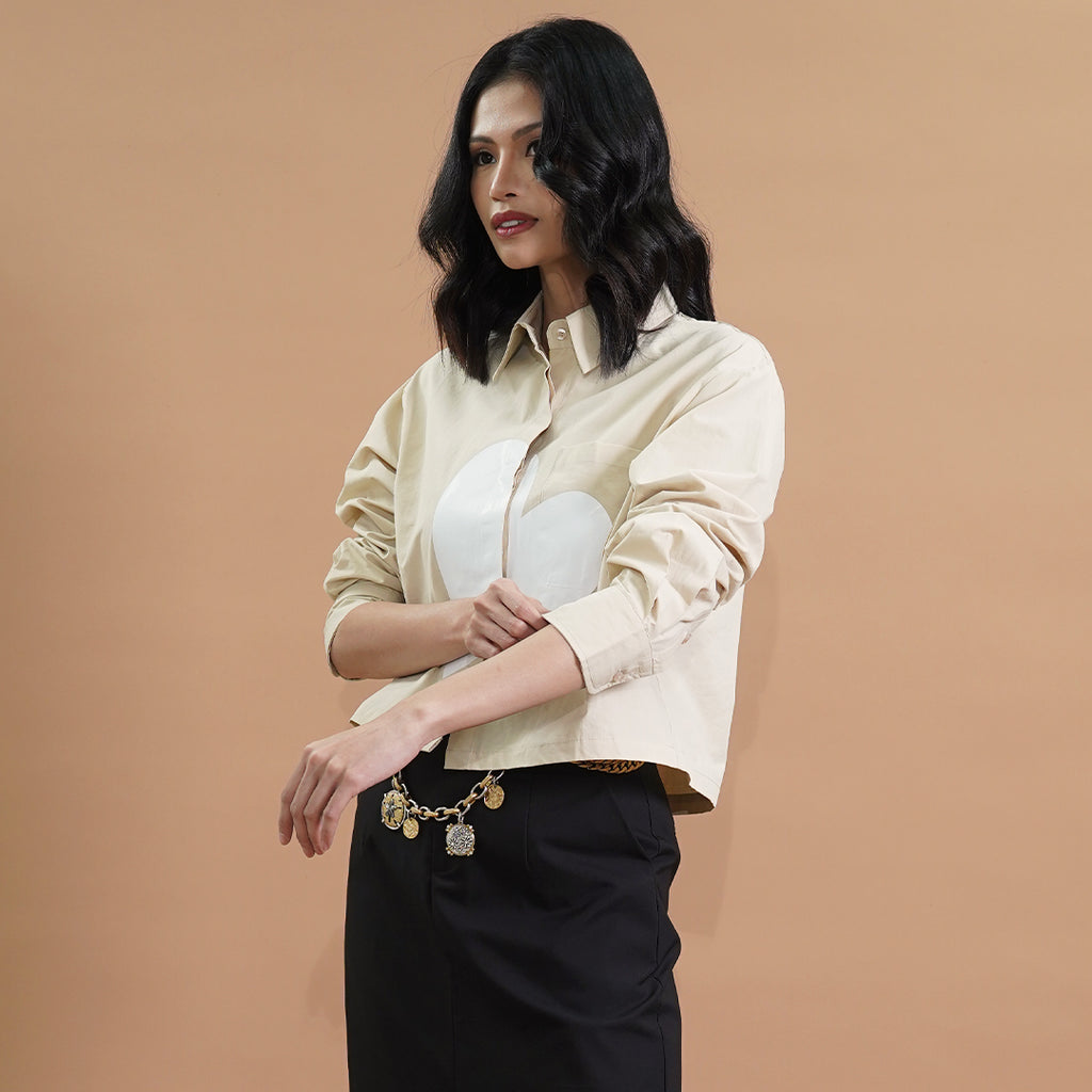 Ivory Heart Cropped Button-Down Top