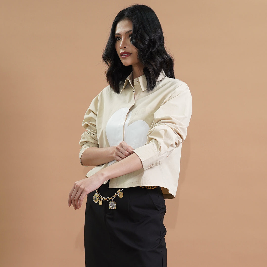 Ivory Heart Cropped Button-Down Top