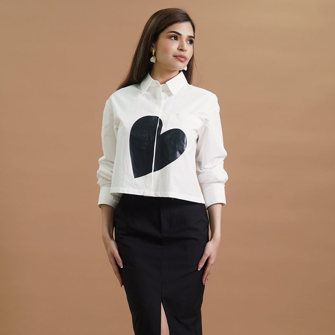 Ivory Heart Cropped Button-Down Top