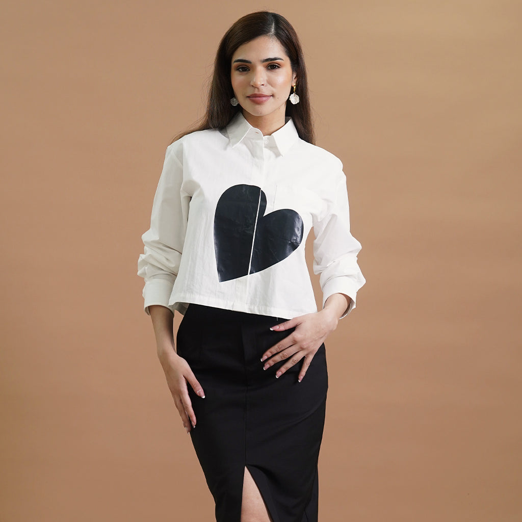 Ivory Heart Cropped Button-Down Top