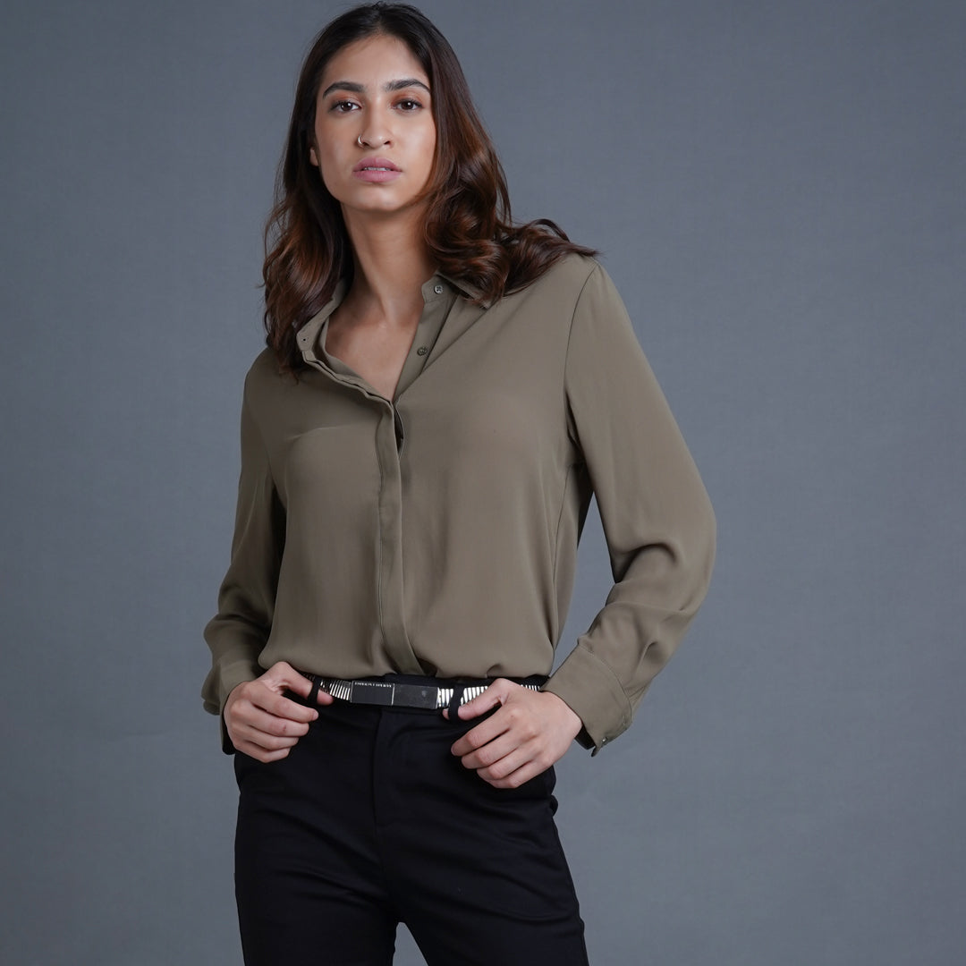 Iva Long Sleeve Collared Chiffon Blouse