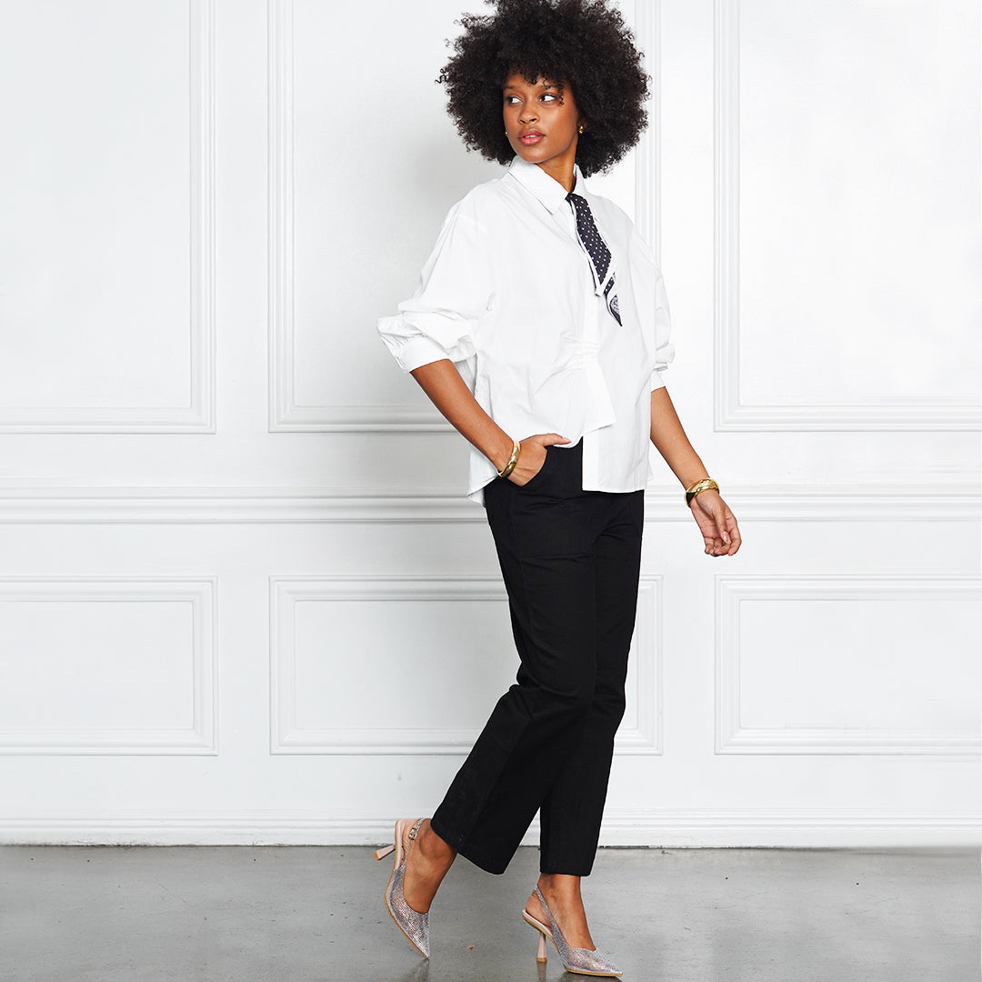 Jamie Ruched Poplin Button-Down with Scarf