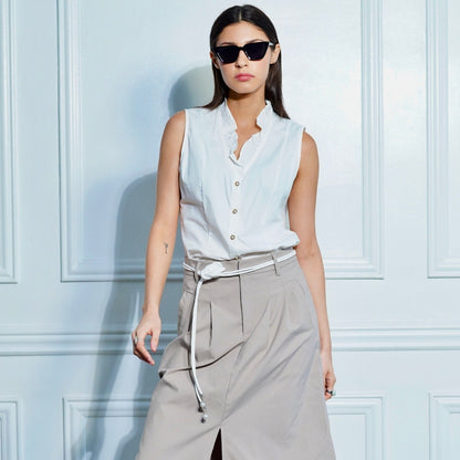 Emery ruffled collar, button-front blouse