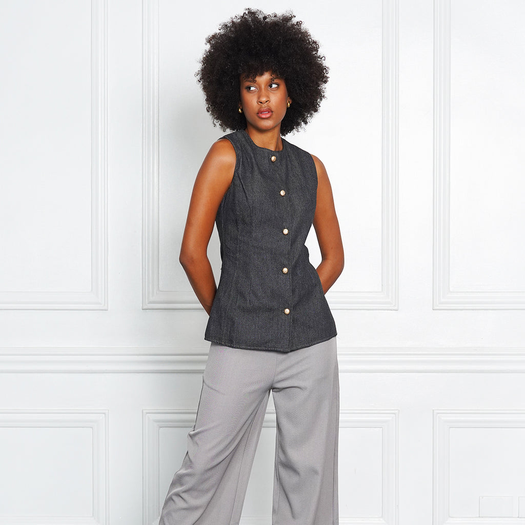 Denim Tailored Sleeveless Button-Front Blouse