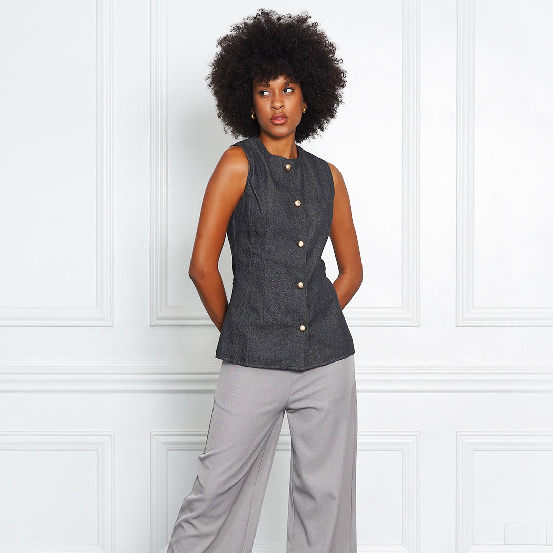 Denim Tailored Sleeveless Button-Front Blouse