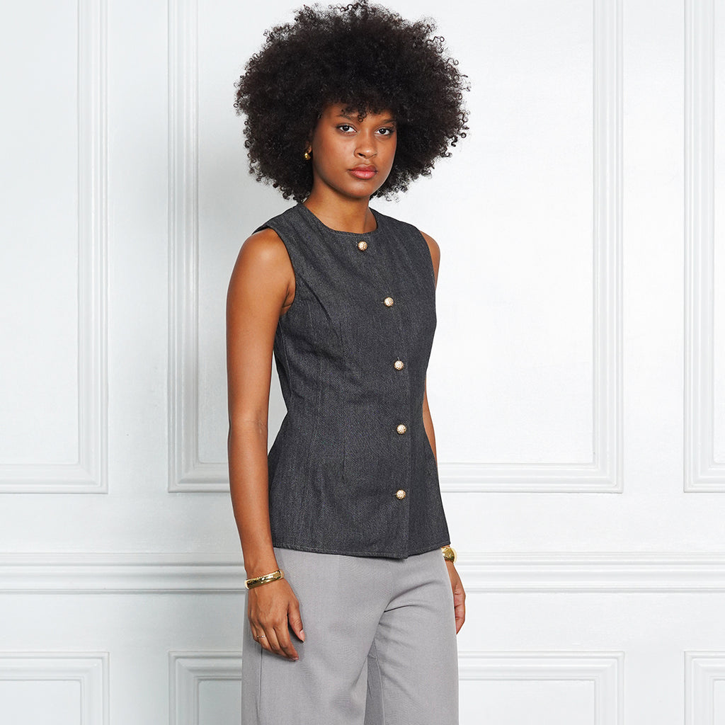 Denim Tailored Sleeveless Button-Front Blouse