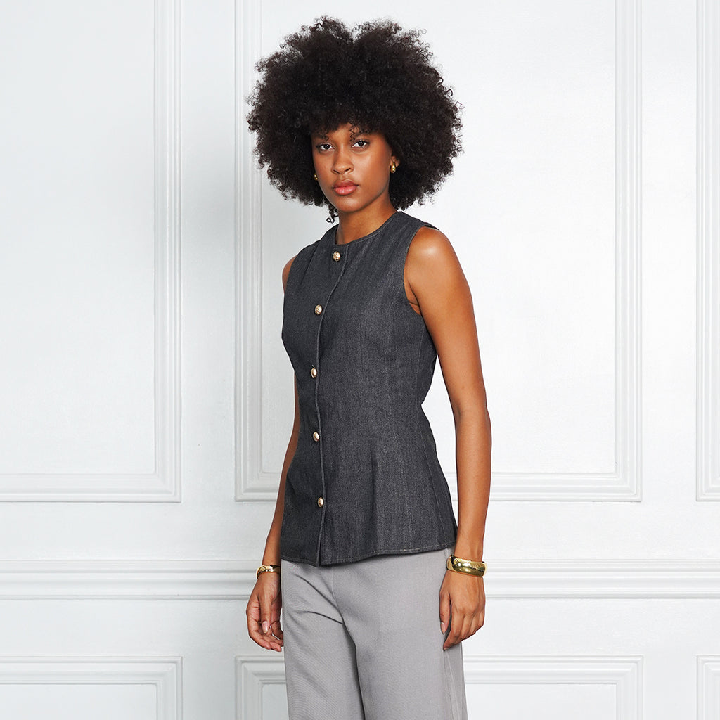 Denim Tailored Sleeveless Button-Front Blouse