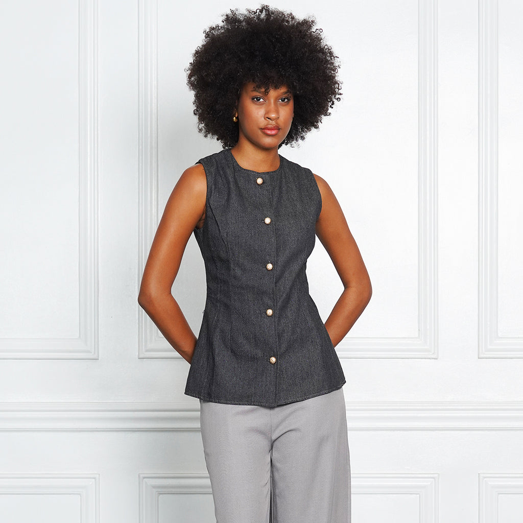 Denim Tailored Sleeveless Button-Front Blouse