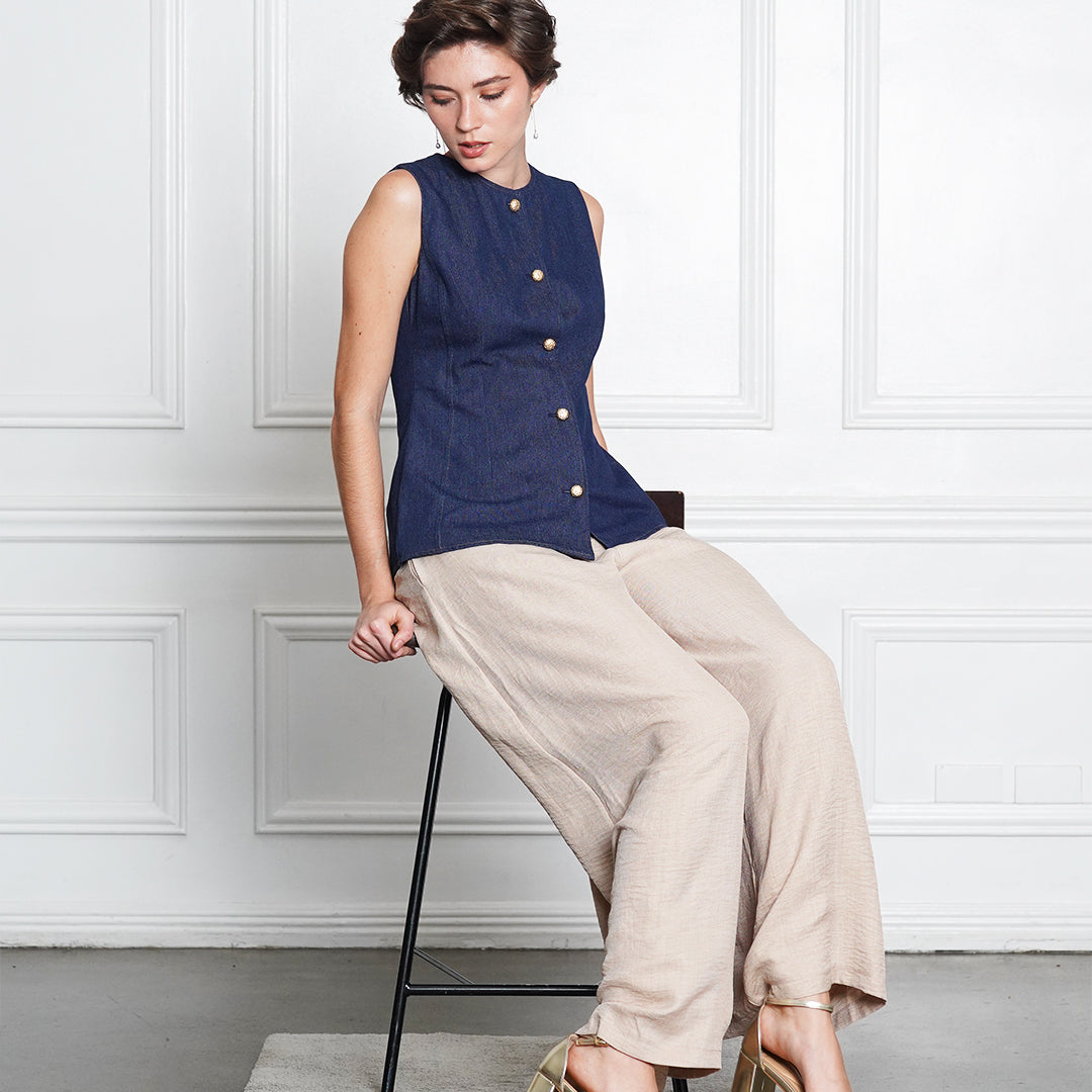 Denim Tailored Sleeveless Button-Front Blouse