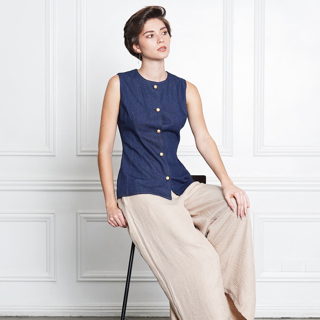 Denim Tailored Sleeveless Button-Front Blouse
