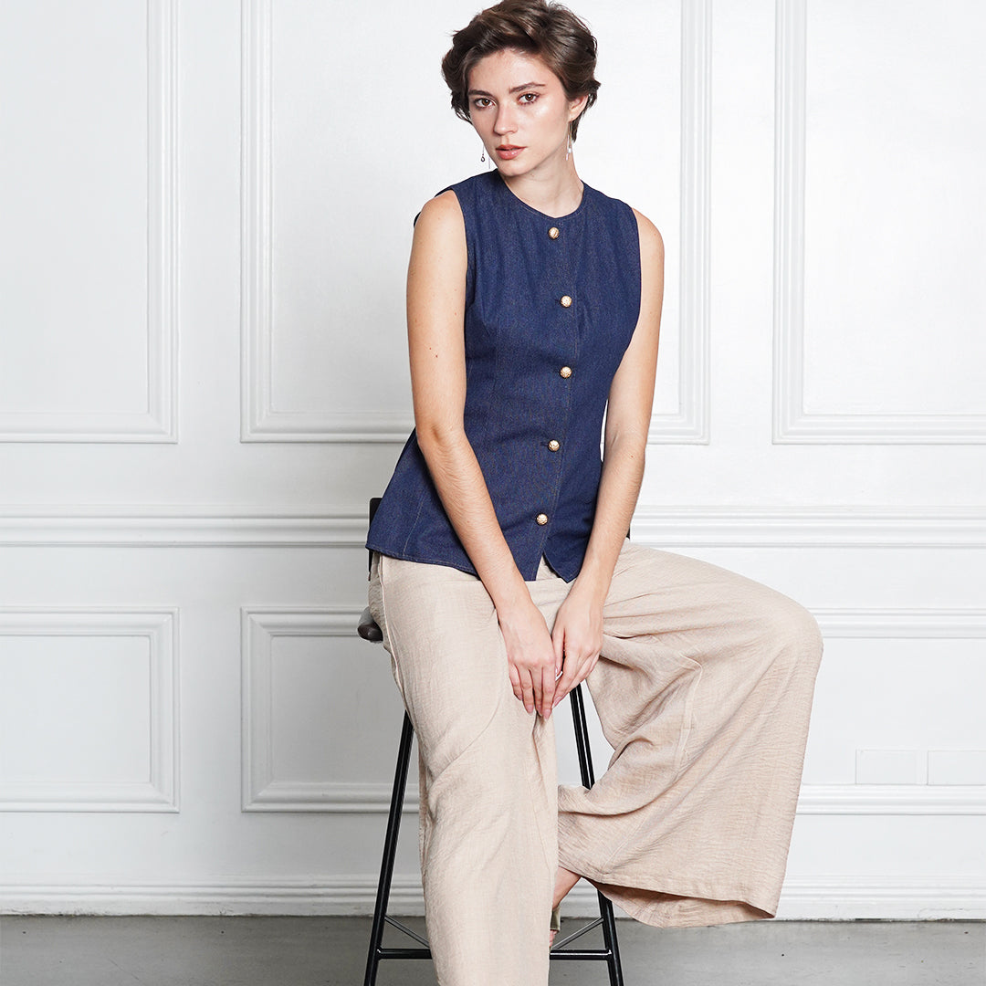 Denim Tailored Sleeveless Button-Front Blouse