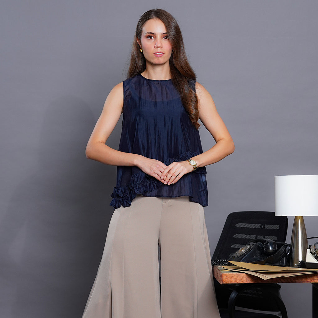 Latina Sheer Silk-Blend Sleeveless Blouse with Asymmetrical Ruffle Detail