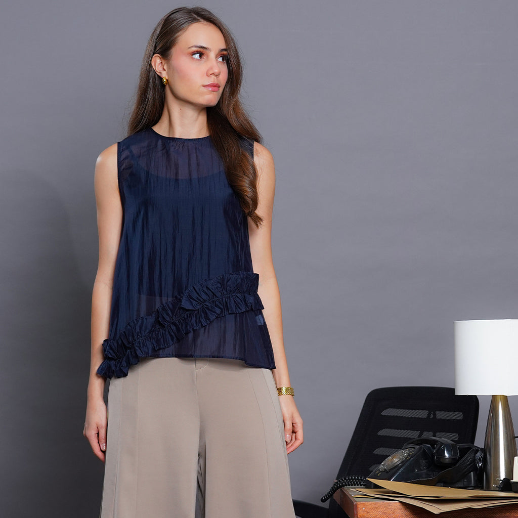 Latina Sheer Silk-Blend Sleeveless Blouse with Asymmetrical Ruffle Detail