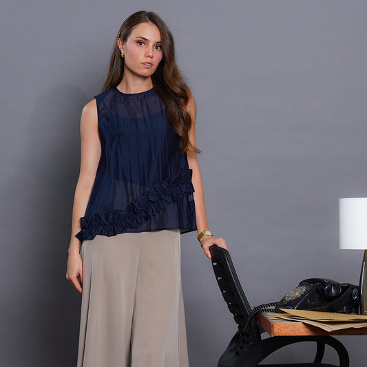 Latina Sheer Silk-Blend Sleeveless Blouse with Asymmetrical Ruffle Detail