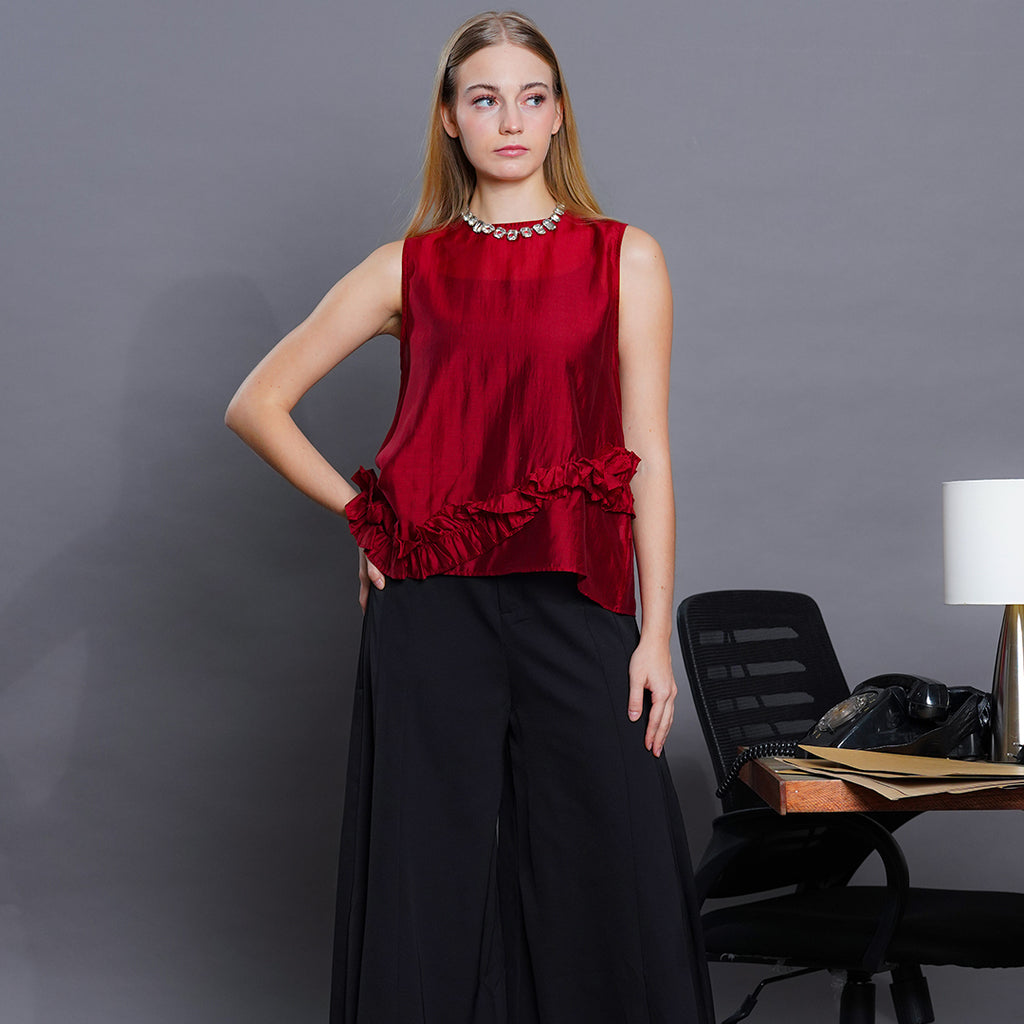 Latina Sheer Silk-Blend Sleeveless Blouse with Asymmetrical Ruffle Detail