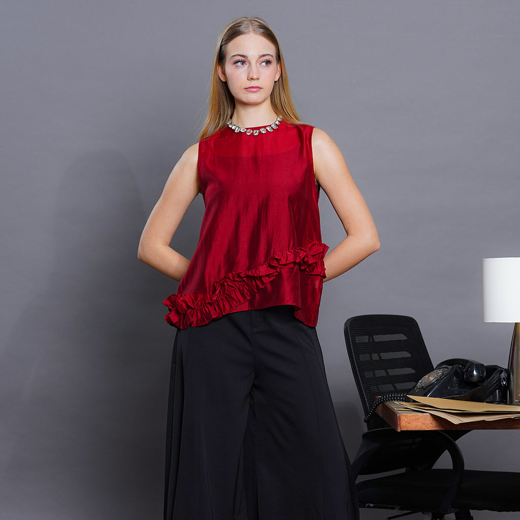 Latina Sheer Silk-Blend Sleeveless Blouse with Asymmetrical Ruffle Detail