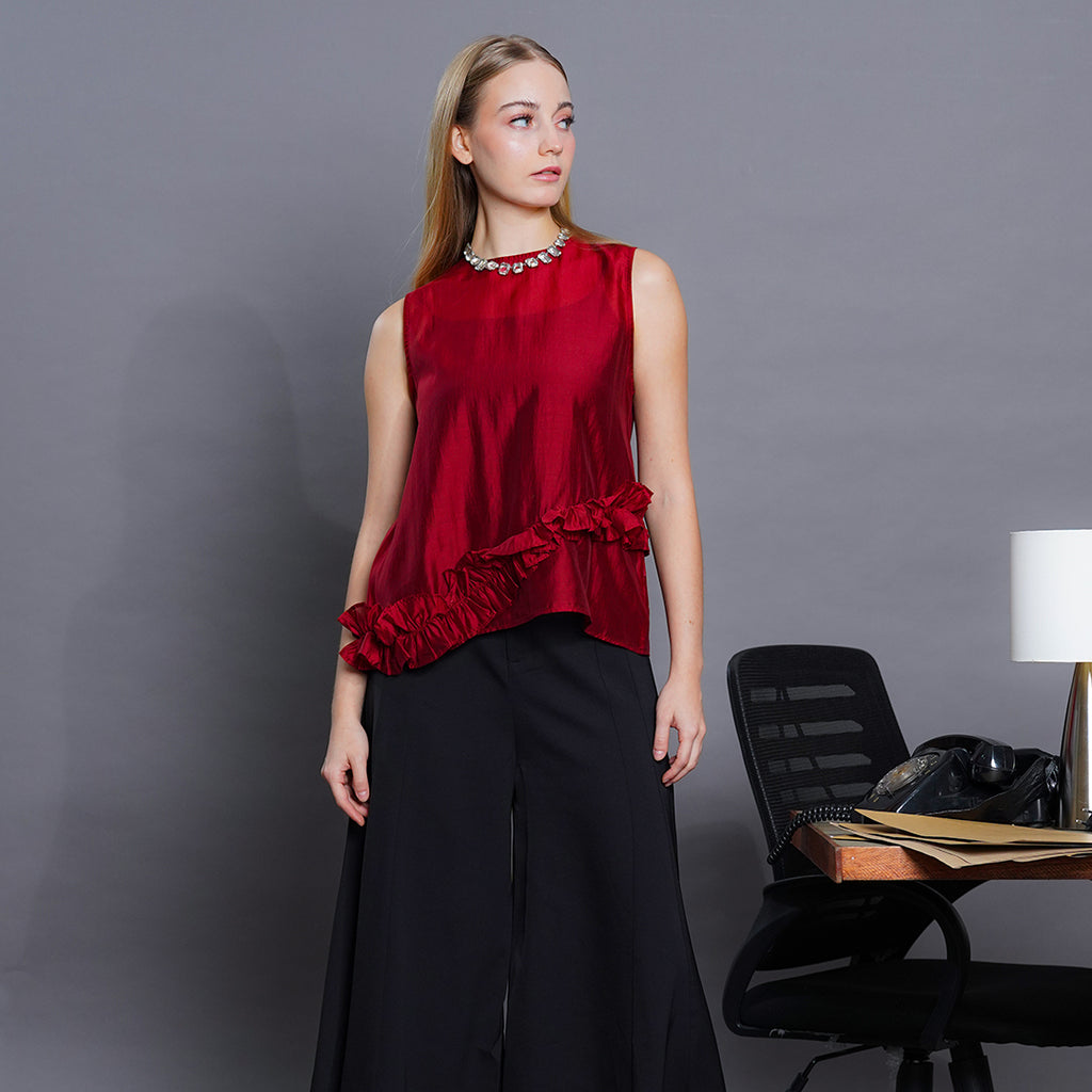 Latina Sheer Silk-Blend Sleeveless Blouse with Asymmetrical Ruffle Detail