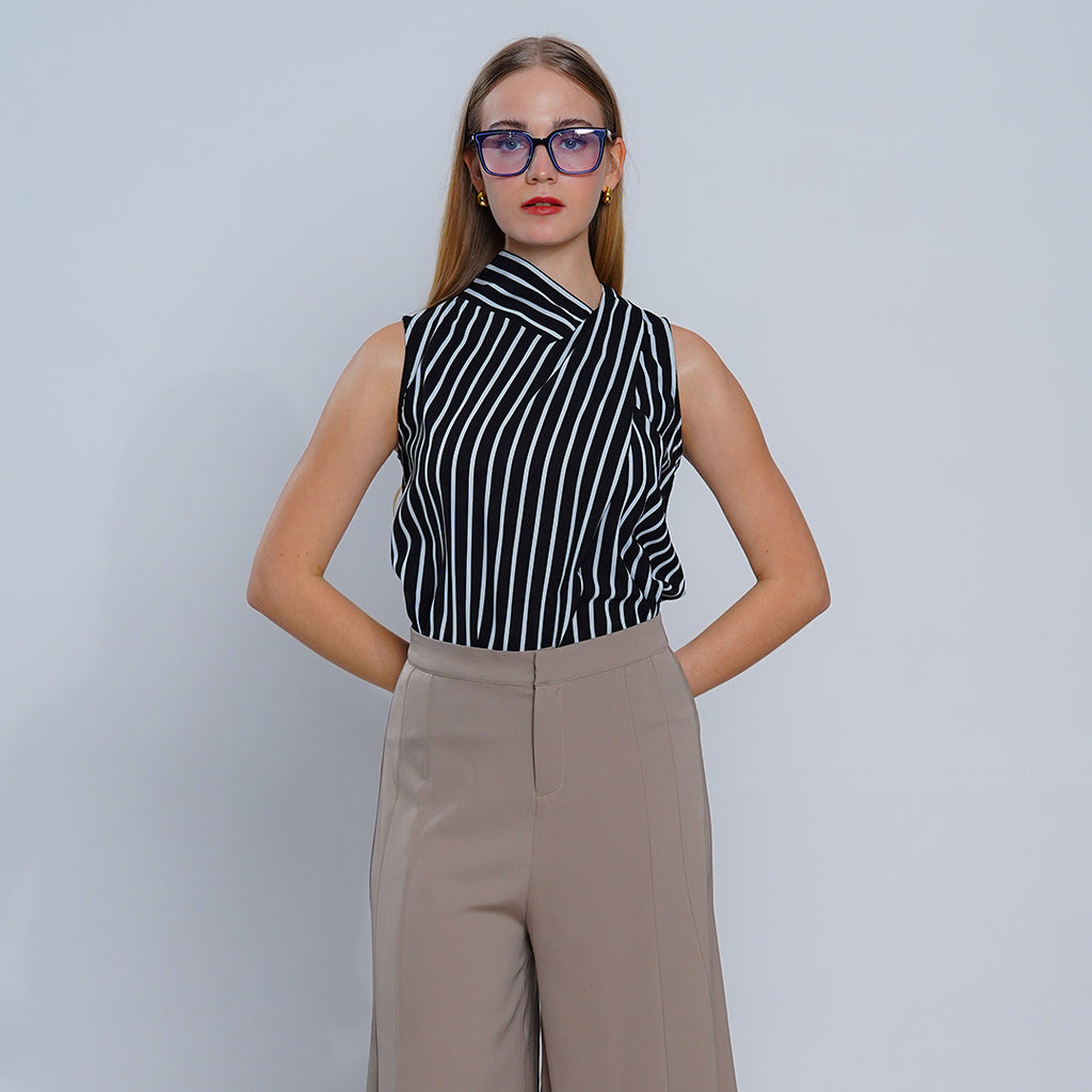 Lila Striped Pussy-Bow Blouse with Back Tie Detail