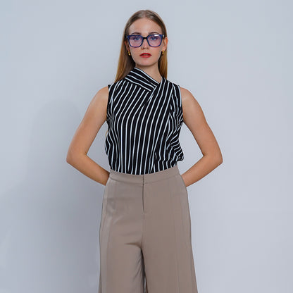 Lila Striped Pussy-Bow Blouse with Back Tie Detail