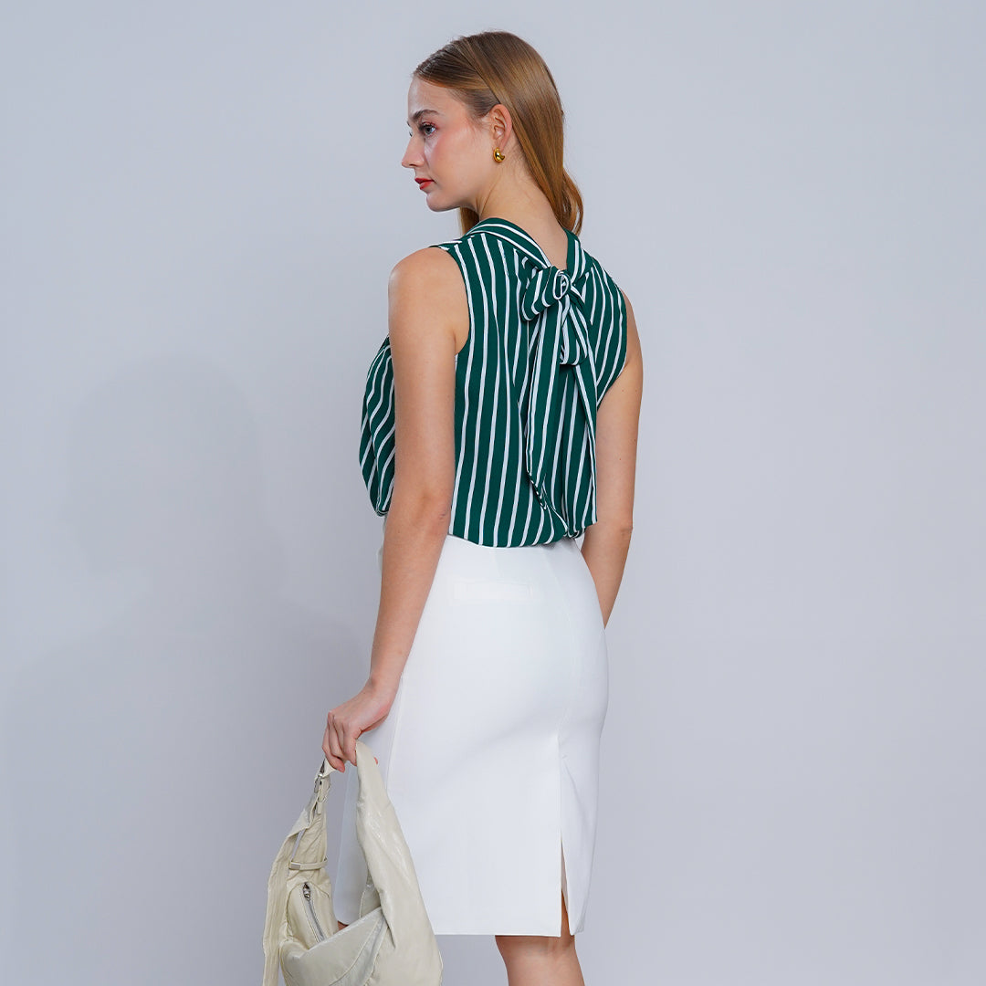 Lila Striped Pussy-Bow Blouse with Back Tie Detail