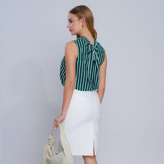 Lila Striped Pussy-Bow Blouse with Back Tie Detail