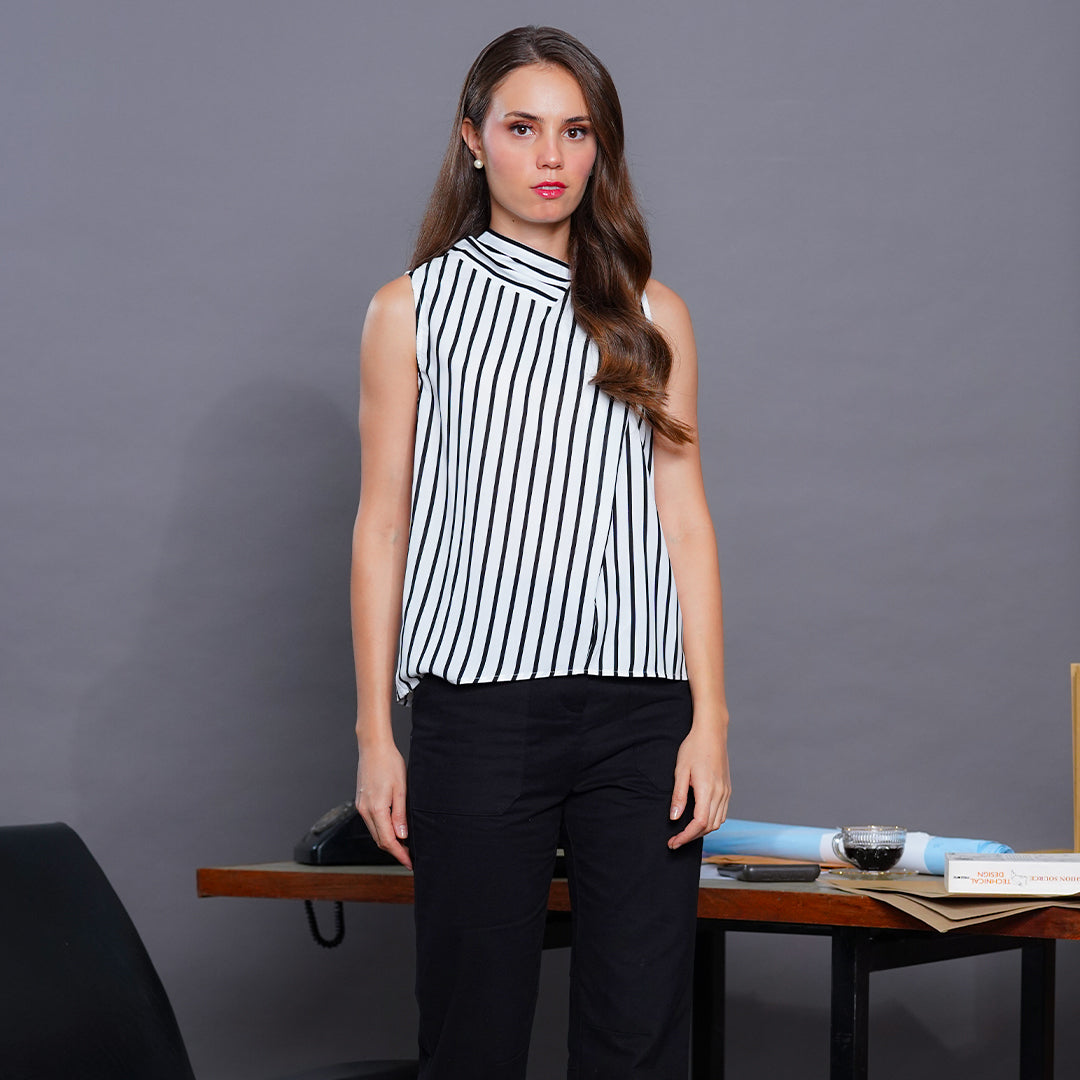 Lila Striped Pussy-Bow Blouse with Back Tie Detail