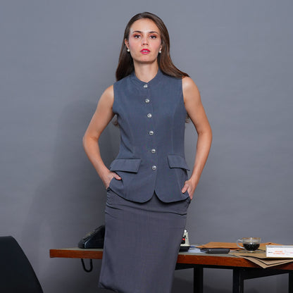 Lennon Mandarin Collar Vest Blouse with Flap Pockets and Silver Buttons