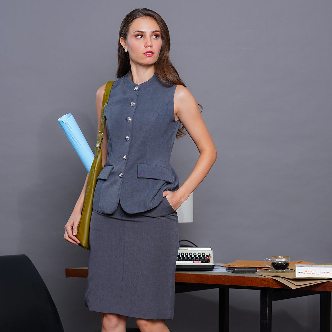 Lennon Mandarin Collar Vest Blouse with Flap Pockets and Silver Buttons