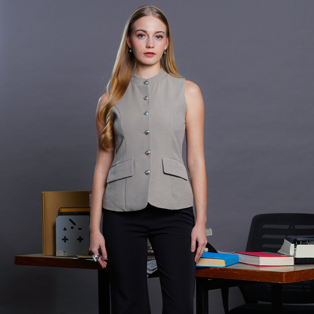Lennon Mandarin Collar Vest Blouse with Flap Pockets and Silver Buttons